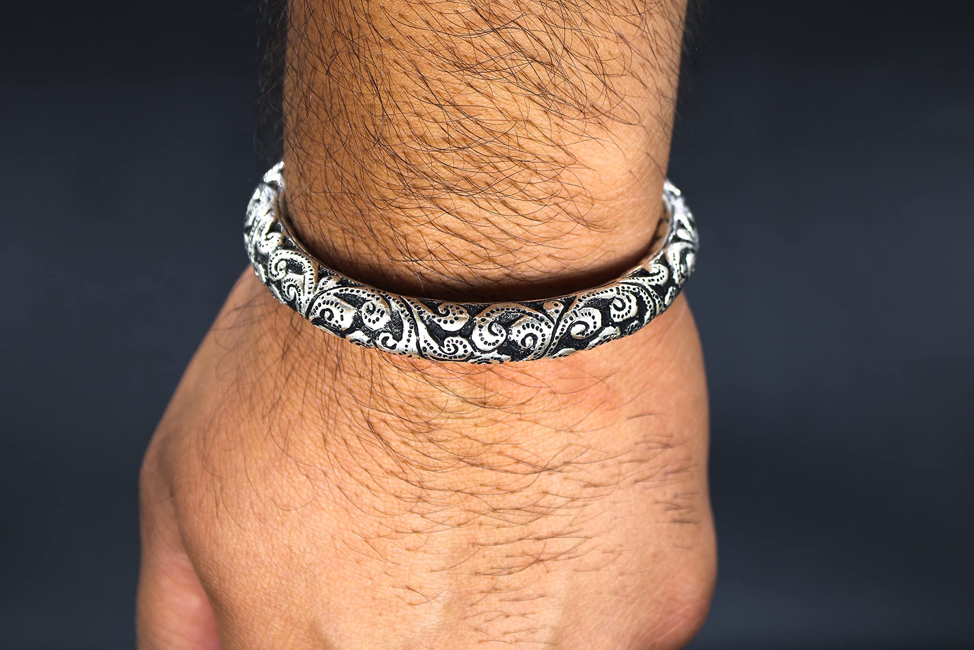 Pure Silver Chandi Oxidized Hollow Tribal Kada For Men and Boys
