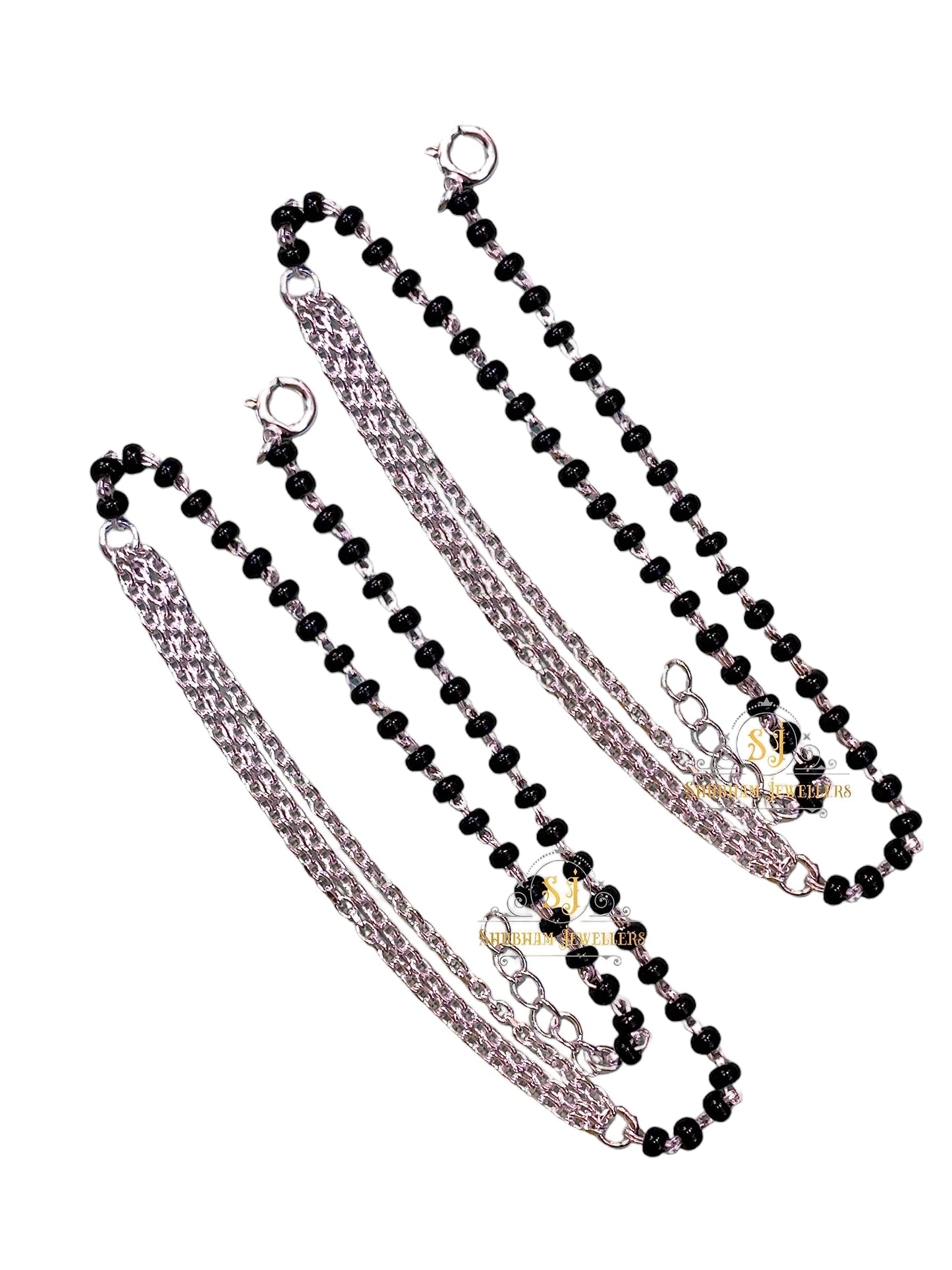 SJ SHUBHAM JEWELLERS™ Pure 925 Sterling Silver Small Crystal Beads Nazariya Anklet Payal for Women (Black) Gifts for Women (Pair/ 1 pc/Plain / 5 Ball Payal)