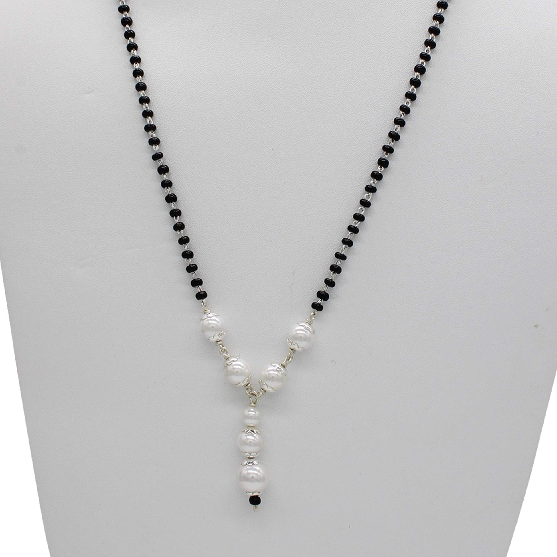 SJ SHUBHAM JEWELLERS™ 925 Sterling Silver Mangalsutra with Pearl & Black Beeds Crystal Chain for Women Studded Mangalsutra Necklace - JewelYaari By Shubham Jewellers