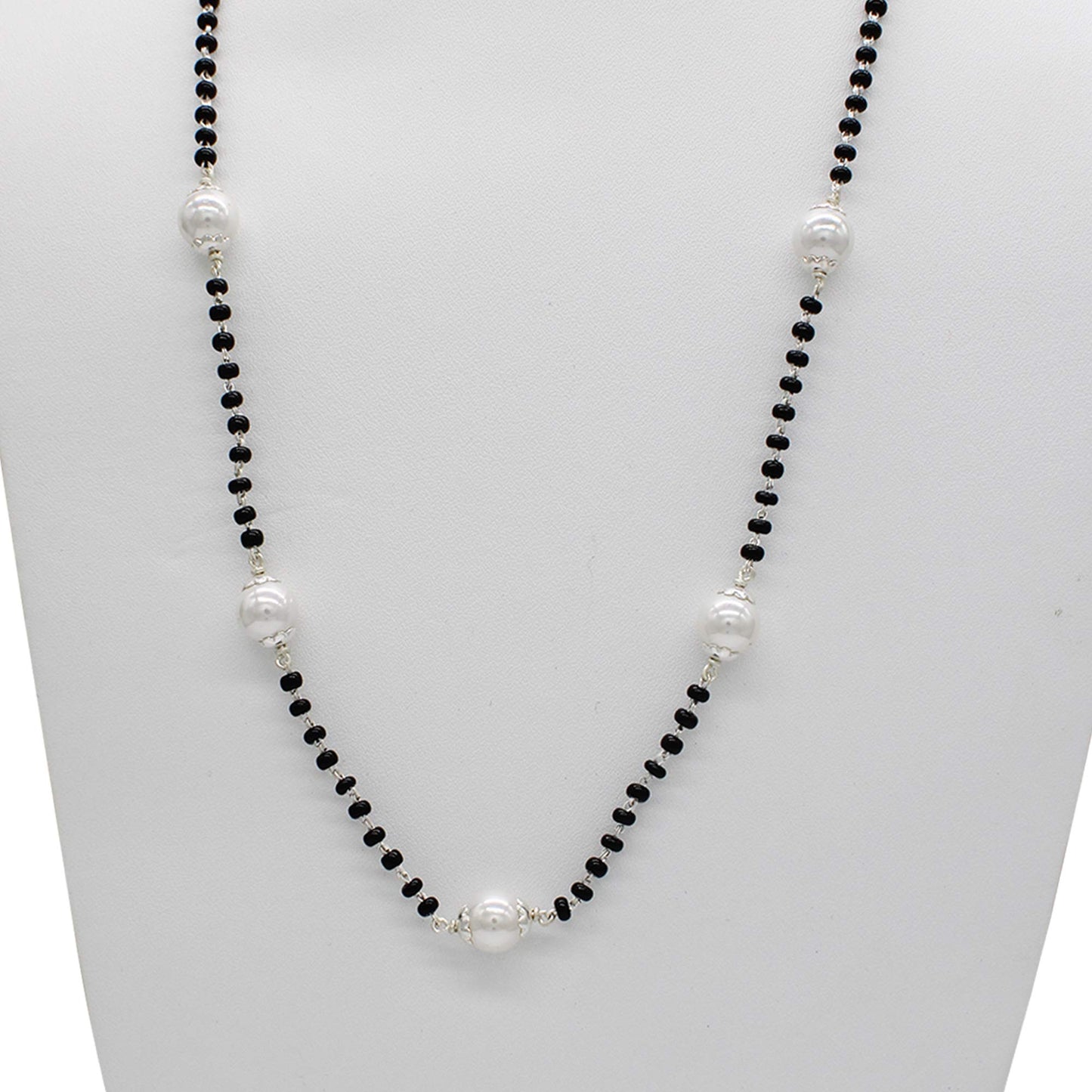 SJ SHUBHAM JEWELLERS Rehti 925 Sterling Silver Mangalsutra with Pearl & Black Beeds Crystal Chain for Women - Party Casual Wear - JewelYaari By Shubham Jewellers