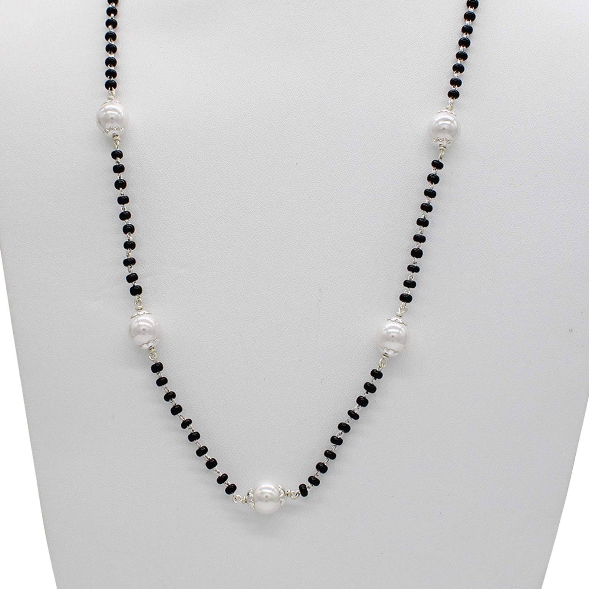 SJ SHUBHAM JEWELLERS Rehti 925 Sterling Silver Mangalsutra with Pearl & Black Beeds Crystal Chain for Women - Party Casual Wear - JewelYaari By Shubham Jewellers