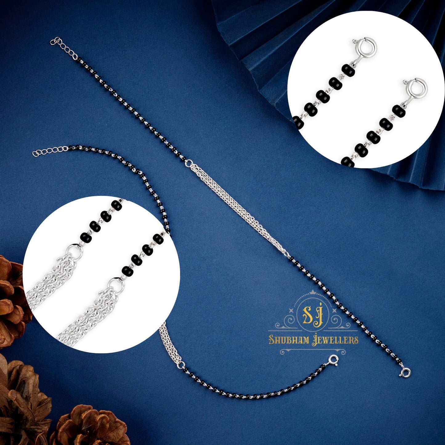 SJ SHUBHAM JEWELLERS™ Pure 925 Sterling Silver Small Crystal Beads Nazariya Anklet Payal for Women (Black) Gifts for Women (Pair/ 1 pc/Plain / 5 Ball Payal)