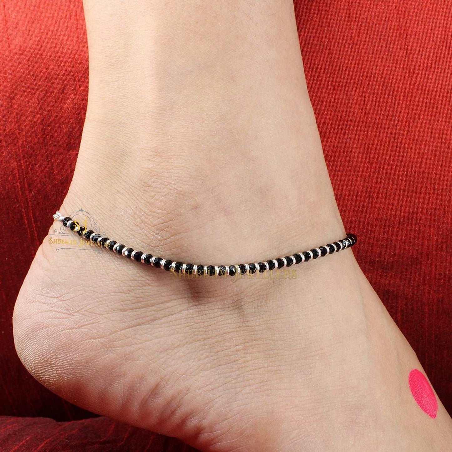 SJ SHUBHAM JEWELLERS™ Pure 925 Sterling Silver Small Crystal Beads Nazariya Anklet Payal for Women (Black) Gifts for Women (Pair/ 1 pc/Plain / 5 Ball Payal)