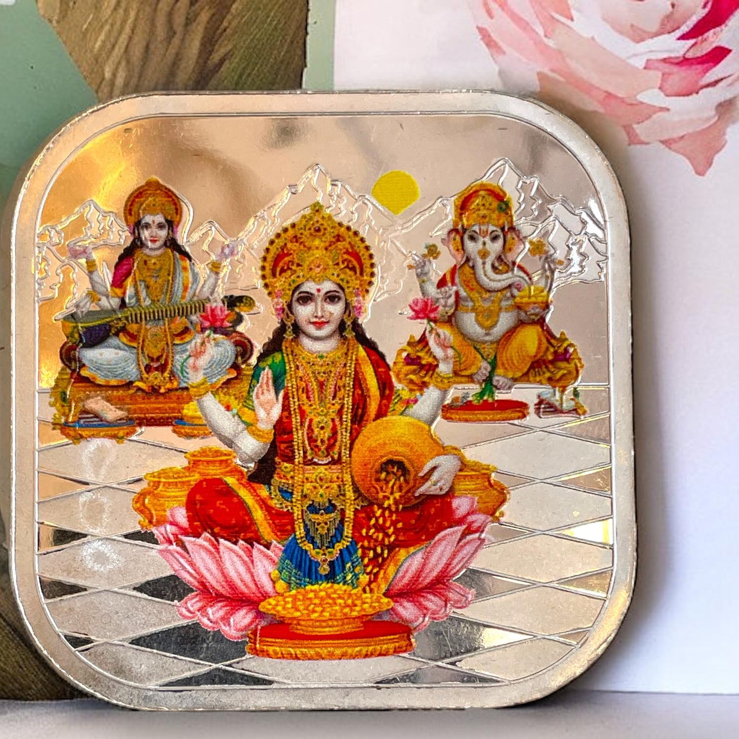 SJ SHUBHAM JEWELLERS 999 Purity Hallmark Silver Coin, Colorfull Laxmi Ganesh Saraswati Trimoorti Coin for Diwali - JewelYaari By Shubham Jewellers