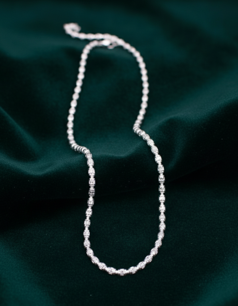 925 Sterling Silver CNC Beads Chain – Matar Mala Necklace (22 Inches)