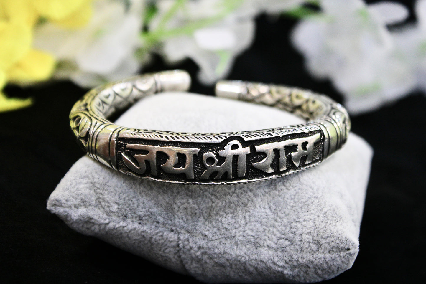 925 Pure Silver Oxidised Hollow Trishool Nakkashi Kada for Men & Boys with 5 Mukhi Rudraksha | 45gm Sterling Silver Hallmarked Kada