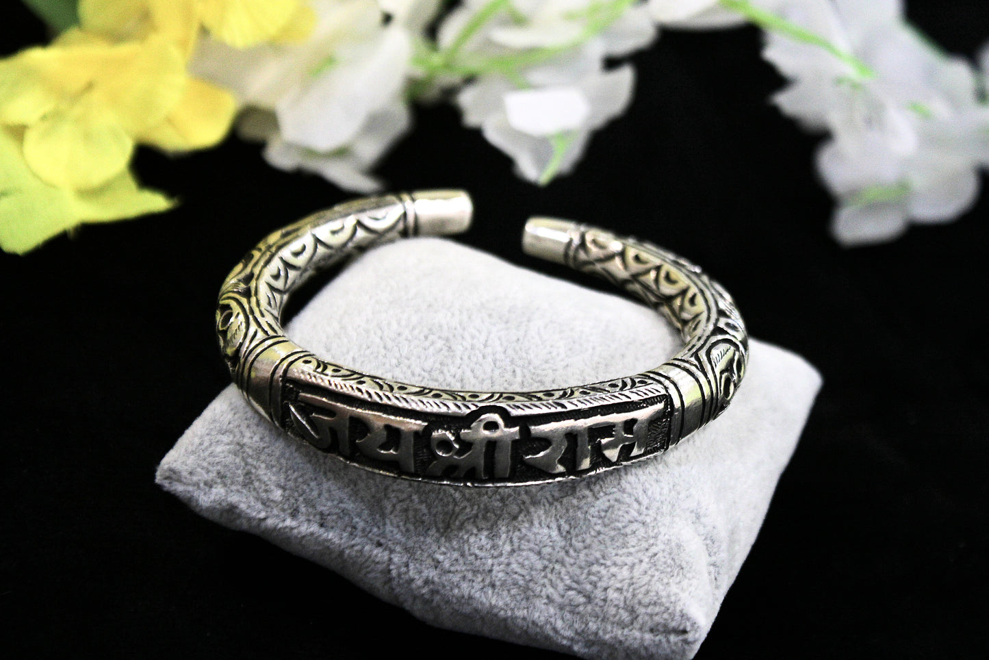 925 Pure Silver Oxidised Hollow Trishool Nakkashi Kada for Men & Boys with 5 Mukhi Rudraksha | 45gm Sterling Silver Hallmarked Kada