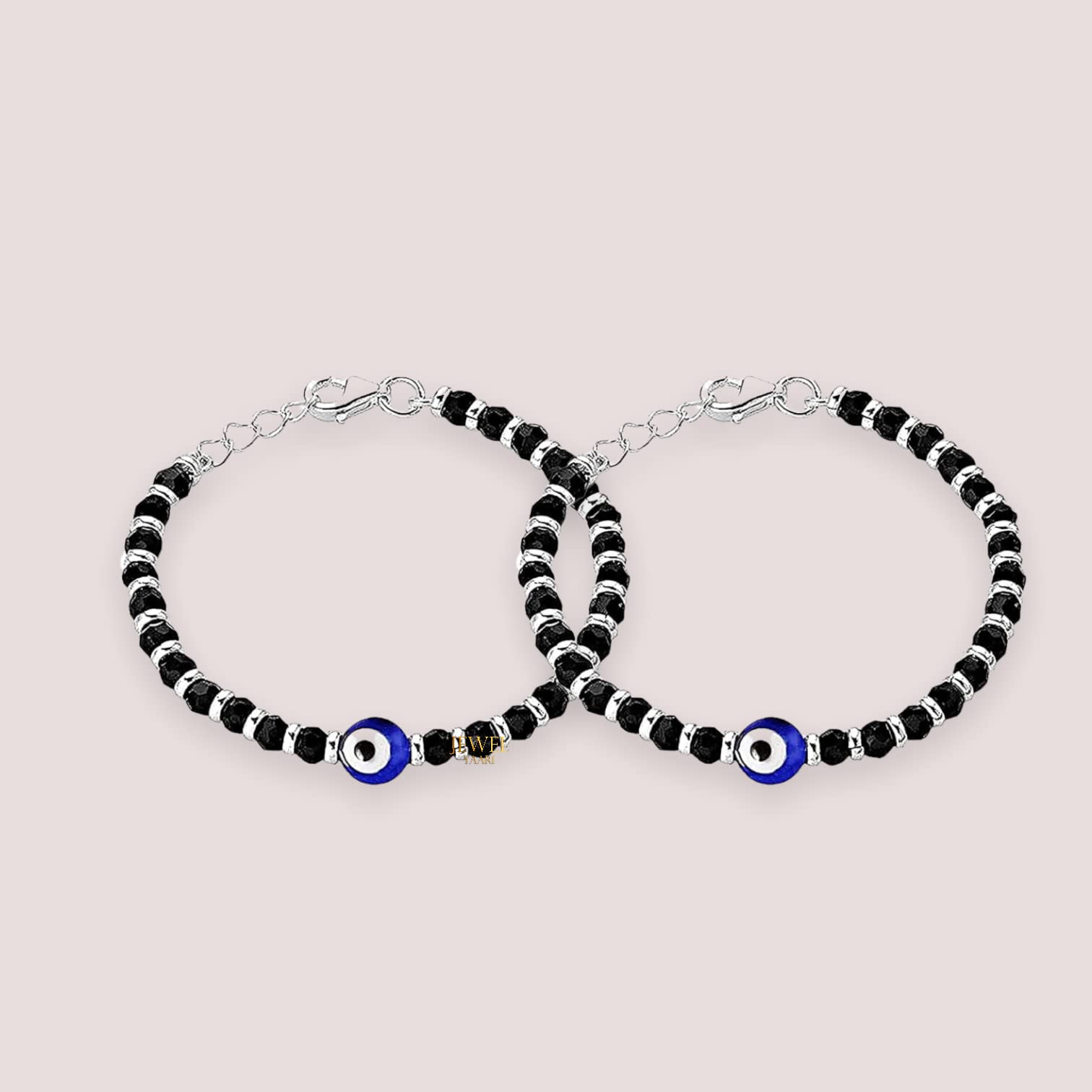 JEWELYAARI? By Shubham Jewellers 925 Sterling Pure Silver (Chandi) Evil Eye Black Beads Crystal Nazariya Bangle/Bracelet For Kids (Pair)